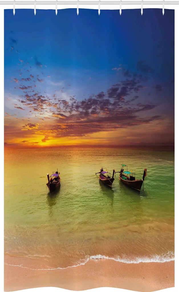 ABAKUHAUS Tenda da doccia tropicale stretta, Thailandia Barca nell'oceano, Set decorativo per bagno in tessuto con ganci, 120 x 180 cm, multicolore