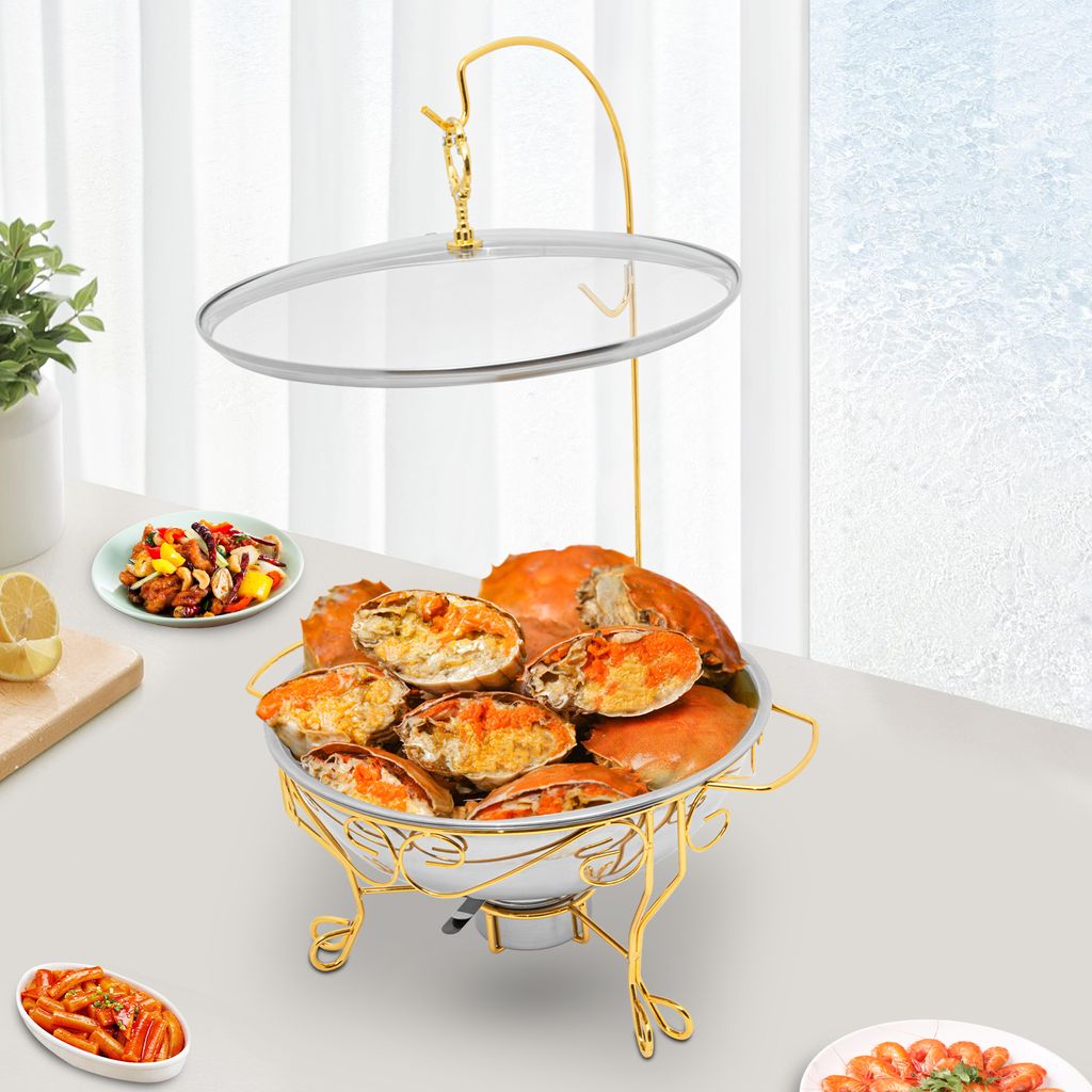 Runder Chafing Dish Standfuß, Edelstahl Speisenwärmer mit Glasdeckel, Runder Chafing Dish, Golden