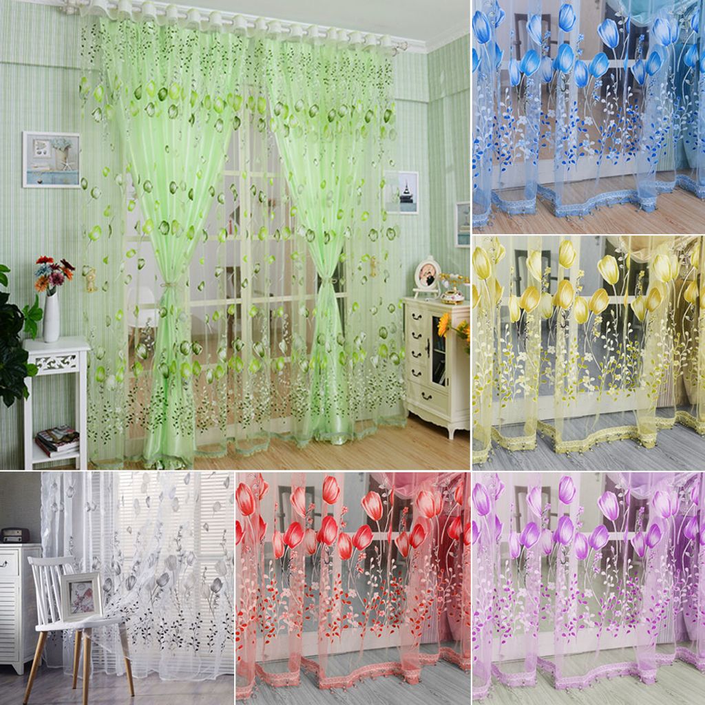 1x2m Tulpe Blumendruck Tüll Voile Vorhang Fenster Drapery Balkon Raumdekoration-Rosa