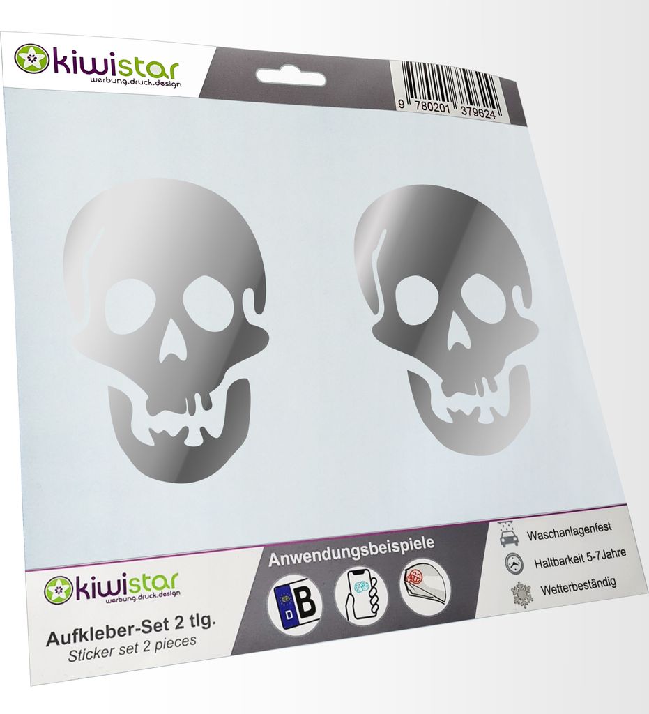 Kiwistar - 2x Kennzeichenaufkleber - chrom - 21 mm Totenkopf - Todessymbol Aufkleber für Auto, Laptop, Fahrrad, LKW, Motorrad Mehrfarbig JDM Decal...