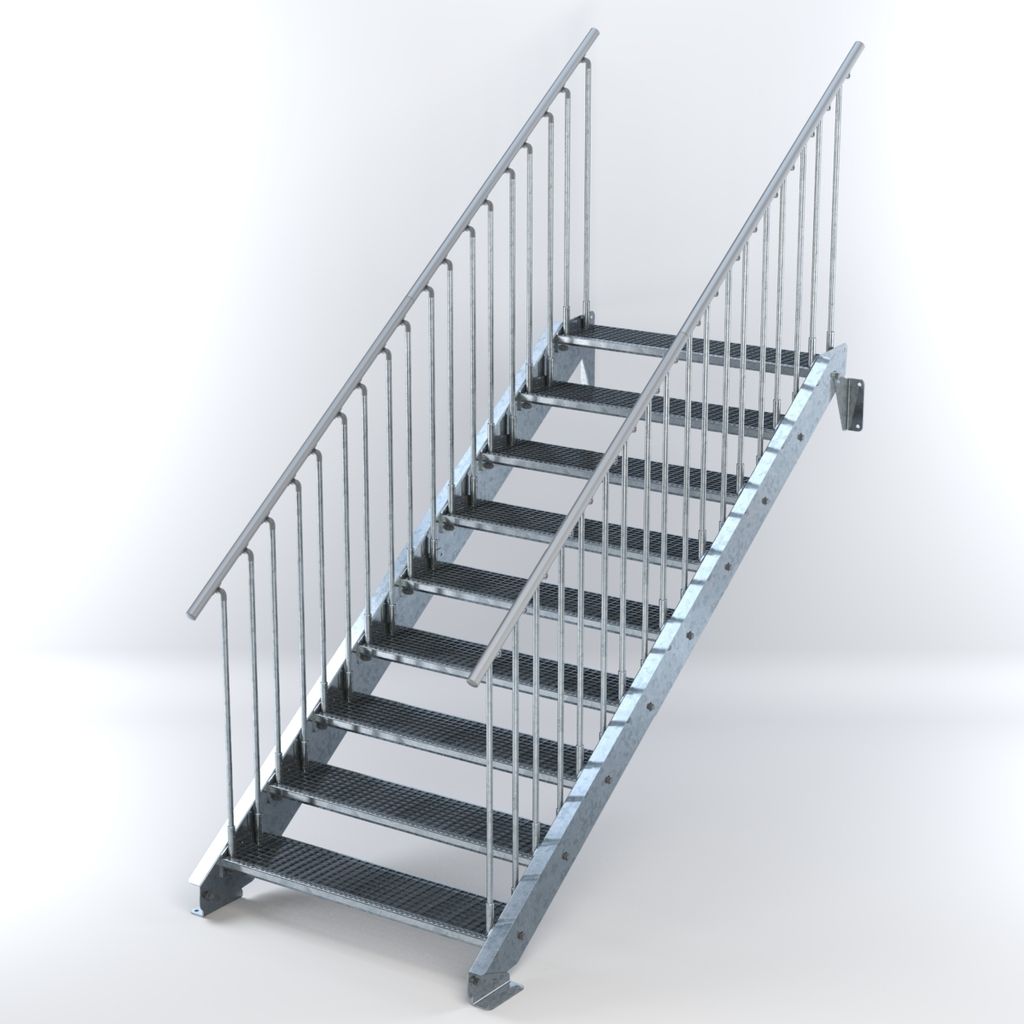 Stahltreppe 9 Stufen bis Höhe 180 cm, Laufbreite : 110 cm beidseitiges Geländer ST 3 (31 / 9 mm schmal)