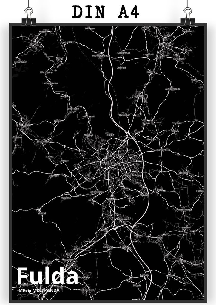 Mr. & Mrs. Panda Bild Fulda DIN A4 - Geschenk, drucke, Wanddekoration, Wandbild, Plakat, Stadt Dorf Karte Landkarte Map Stadtplan, wanddeko