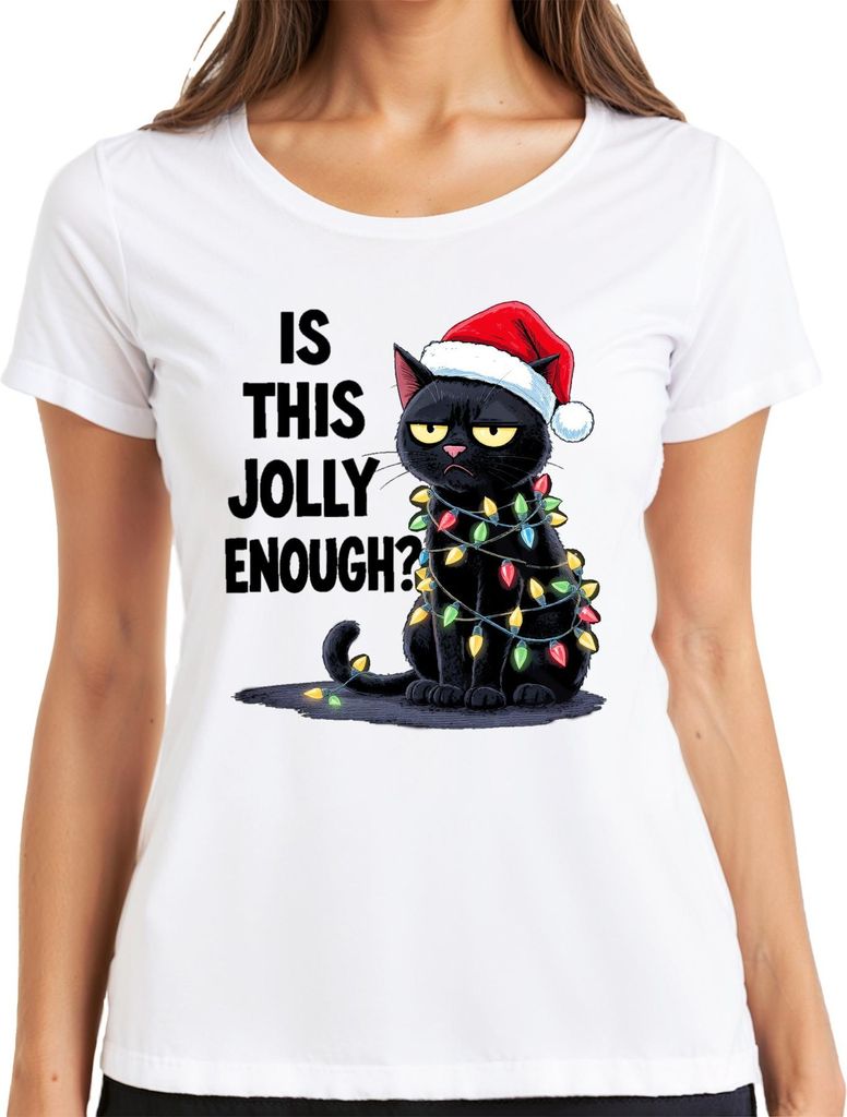IS THIS JOLLY ENOUGH? weihnachtskatze sarkastisch weihnachtsmütze Damen T-Shirt, Weiß, XXL
