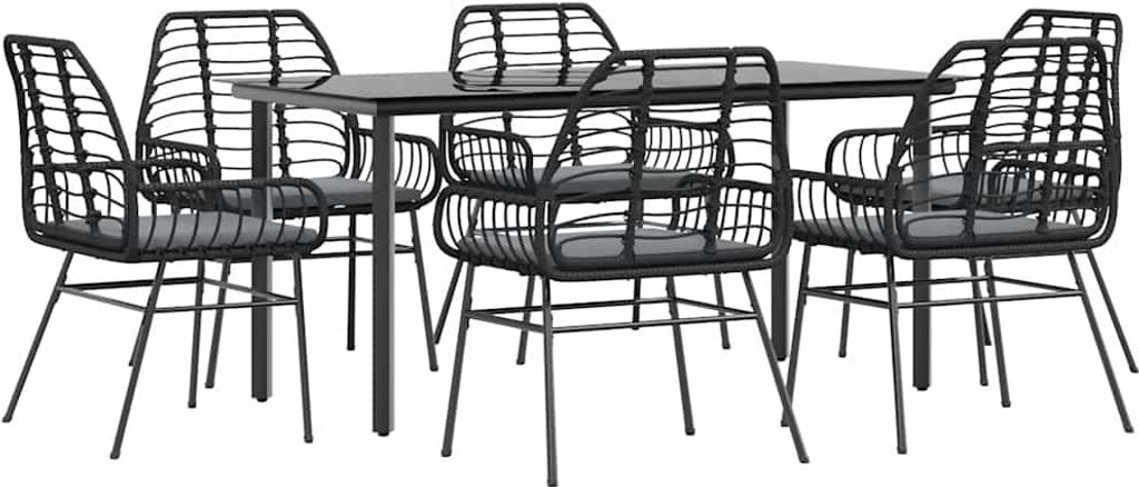 7-tlg. Garten-Essgruppe mit Kissen Schwarz Poly Rattan Glas