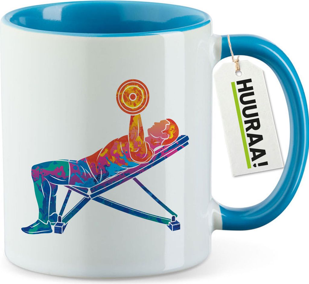 Huuraa Kaffeetasse Fitness Training Bench Press bunte Silhouette 330ml Blau Keramik Kaffeebecher Geschenkidee