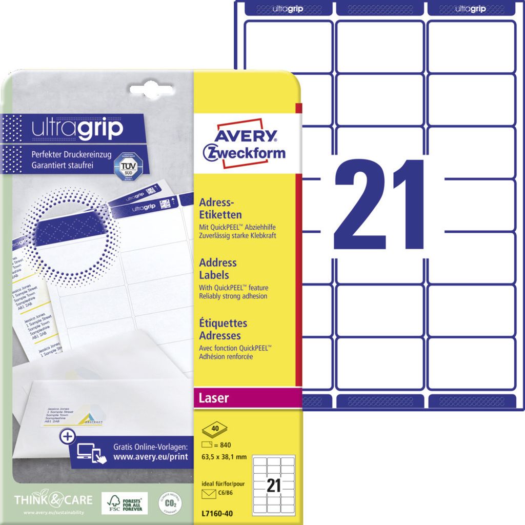 Avery Zweckform L7160-40 Adress-Etiketten, A4 mit ultragrip, 63,5 x 38,1 mm, 40 Bogen/840 Etiketten, weiß