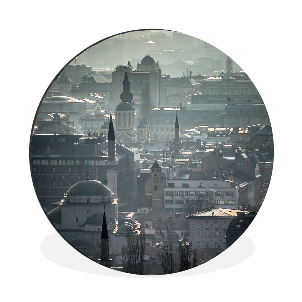 MuchoWow Aluminium Wandkreis Nebel über Sarajevo, der Hauptstadt von Bosnien und Herzegowina Ø 90 cm Wanddeko Modern Wohnzimmer - Mauerkreis - ...