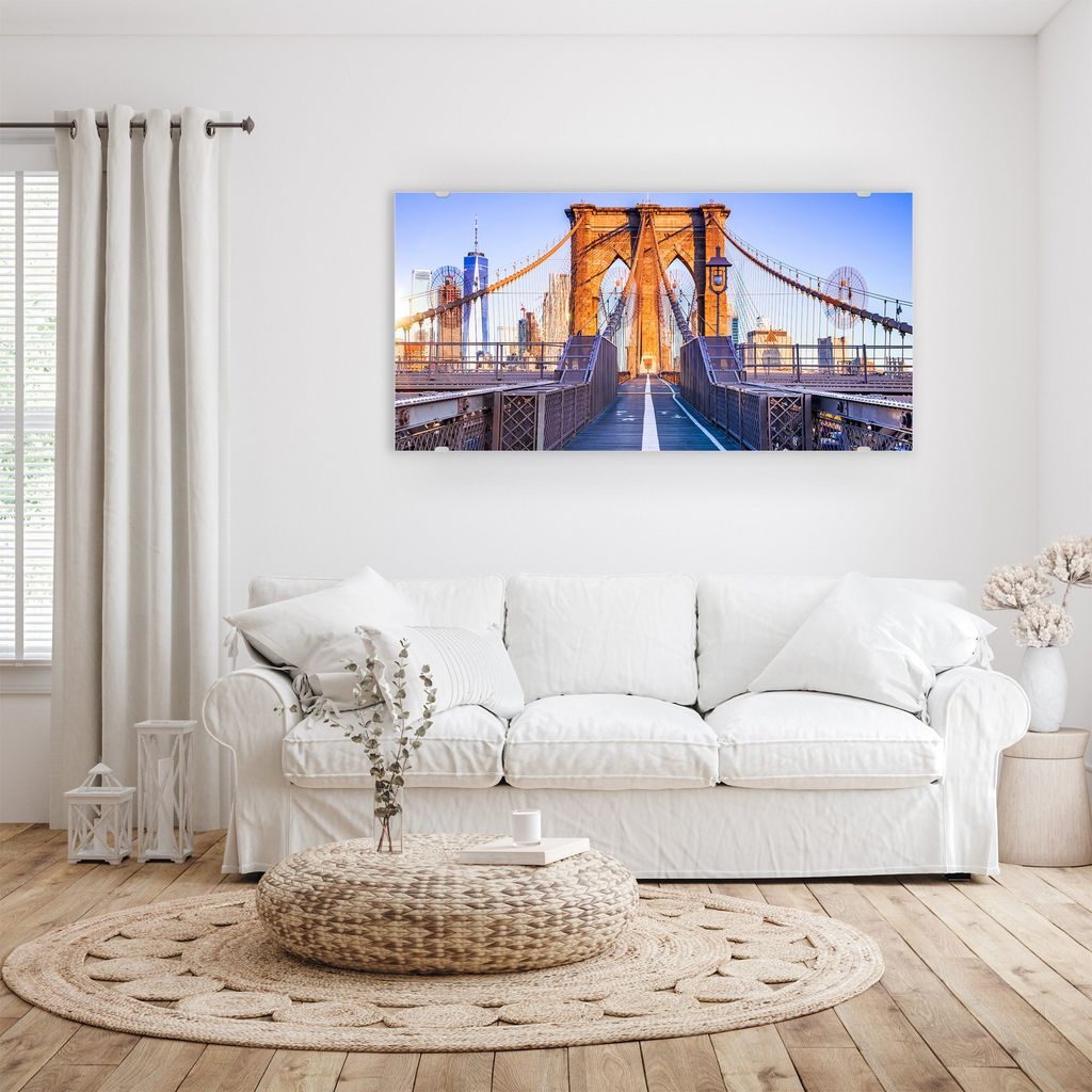 Glasbild Wandbild NYC Brooklyn Bridge Sunset 100x50cm in XXL für Wohnzimmer, Schlafzimmer, Badezimmer, Flur