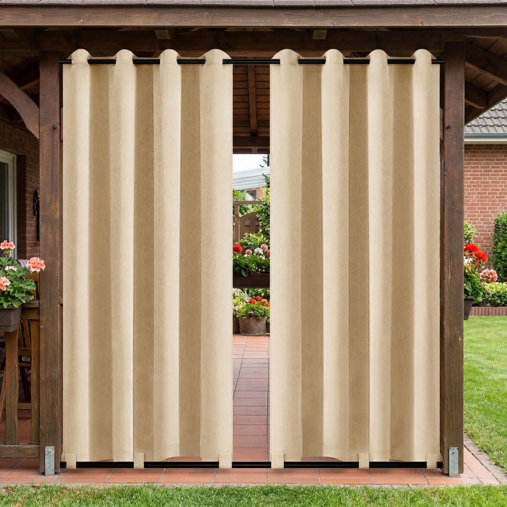 Außen Vorhang Wasserdicht Gardine Blickdicht Sonnenschutz Ösenvorhang für Terrasse Balkon Garten Hof Pergola, 132x274cm, Beige