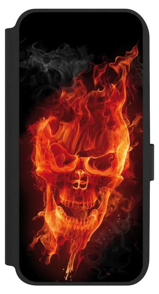 NIVOCASE Klapphülle für Samsung Galaxy A14 5G Handyhülle aus Kunst Leder NIVOflip schwarz Feuer Schädel Totenkopf