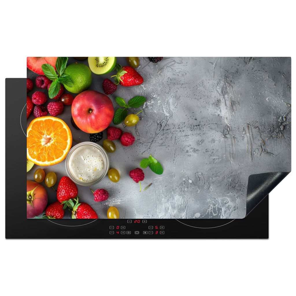 KitchenYeah Herdabdeckplatte Obst - Beton - Früchte - Grau , 83x51cm, Küche Deko, Glaskeramikfeld Herdabdeckung, Abdeckplatte fùr Kochfeld