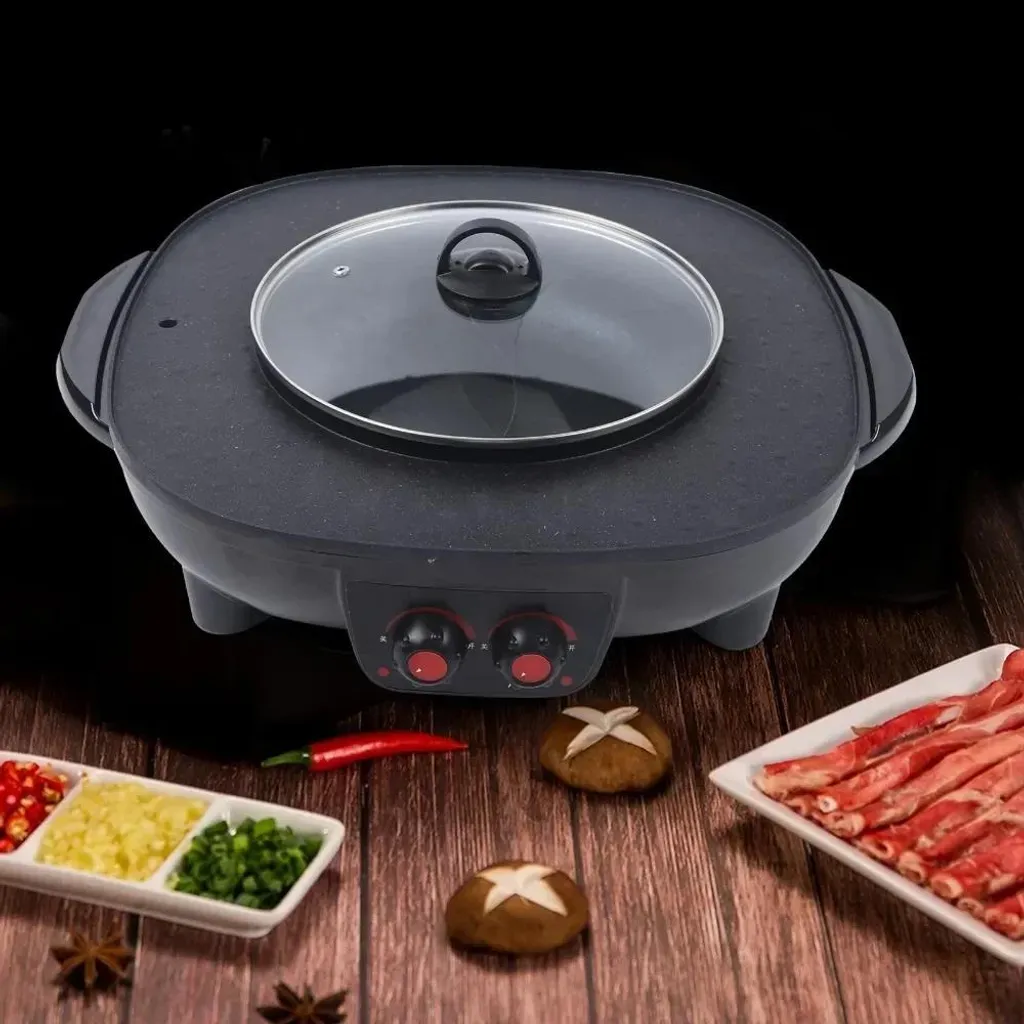 Hotpot & Grill 2 en 1 - Barbecue Coréen Électrique, 5+ Pers, Noir