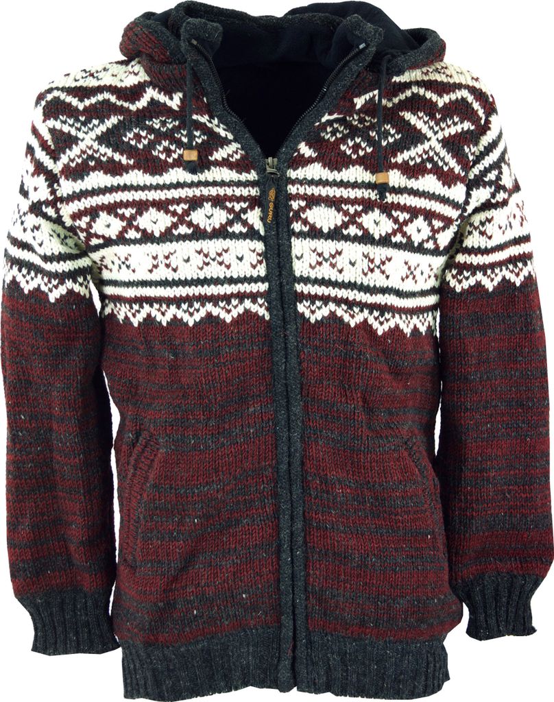 Uni Strickjacke mit Norwegermuster, Wolljacke, Nepaljacke rot - Modell 20, Herren, Wolle, Größe: S