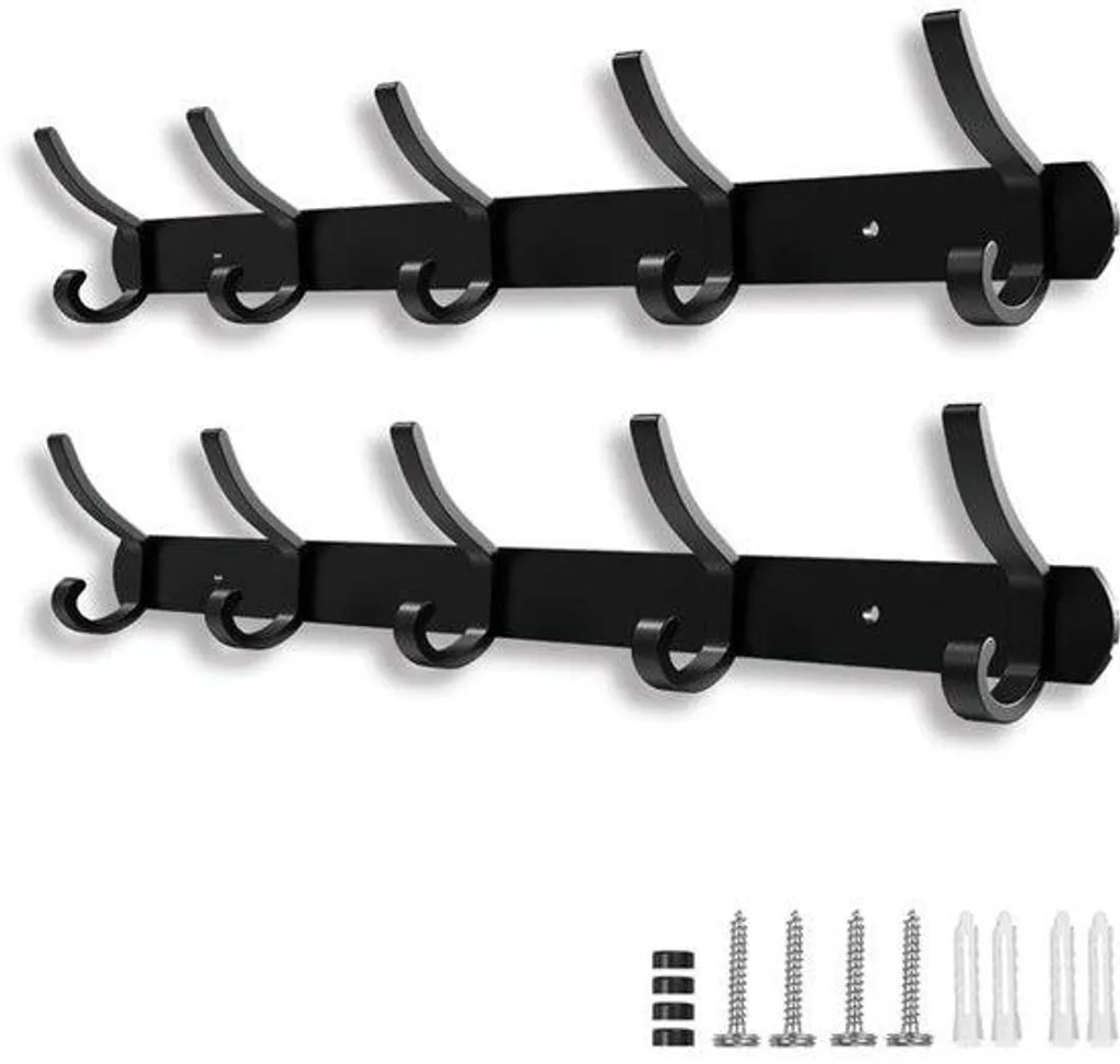 Support mural métallique noir 43 cm, lot de 2 avec 5 crochets robustes
