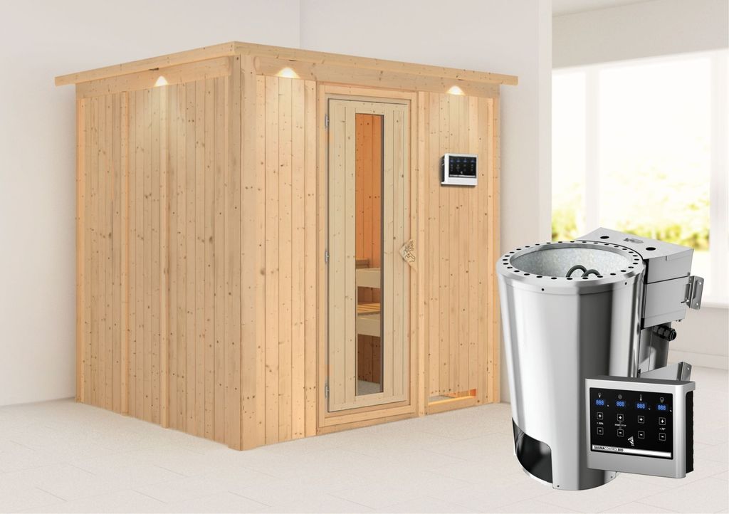 Karibu Sauna Innensauna Daria Fronteinstieg Ofen 3,6 kW -Ofen externe Strg. easy 210x184x202 cm mit Dachkranz mit Energiespartür