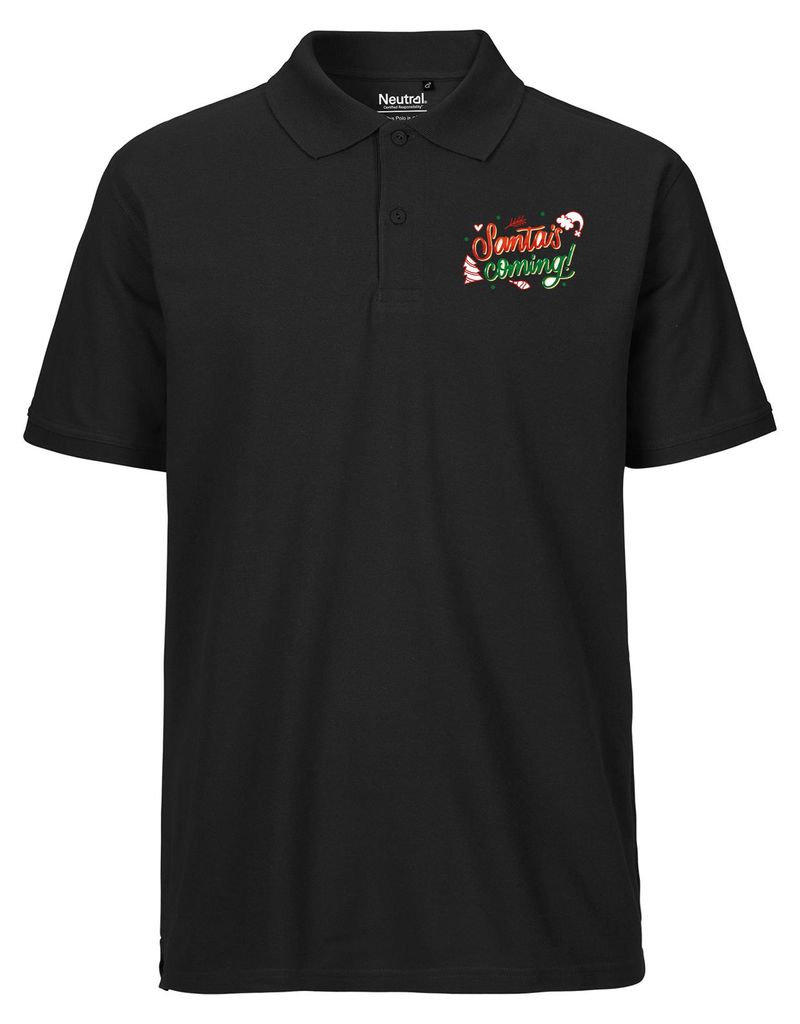 Huuraa Herren Polo Shirt Santa is Coming Schriftzug XL Black Bio Baumwolle Fairtrade Poloshirt Geschenkidee