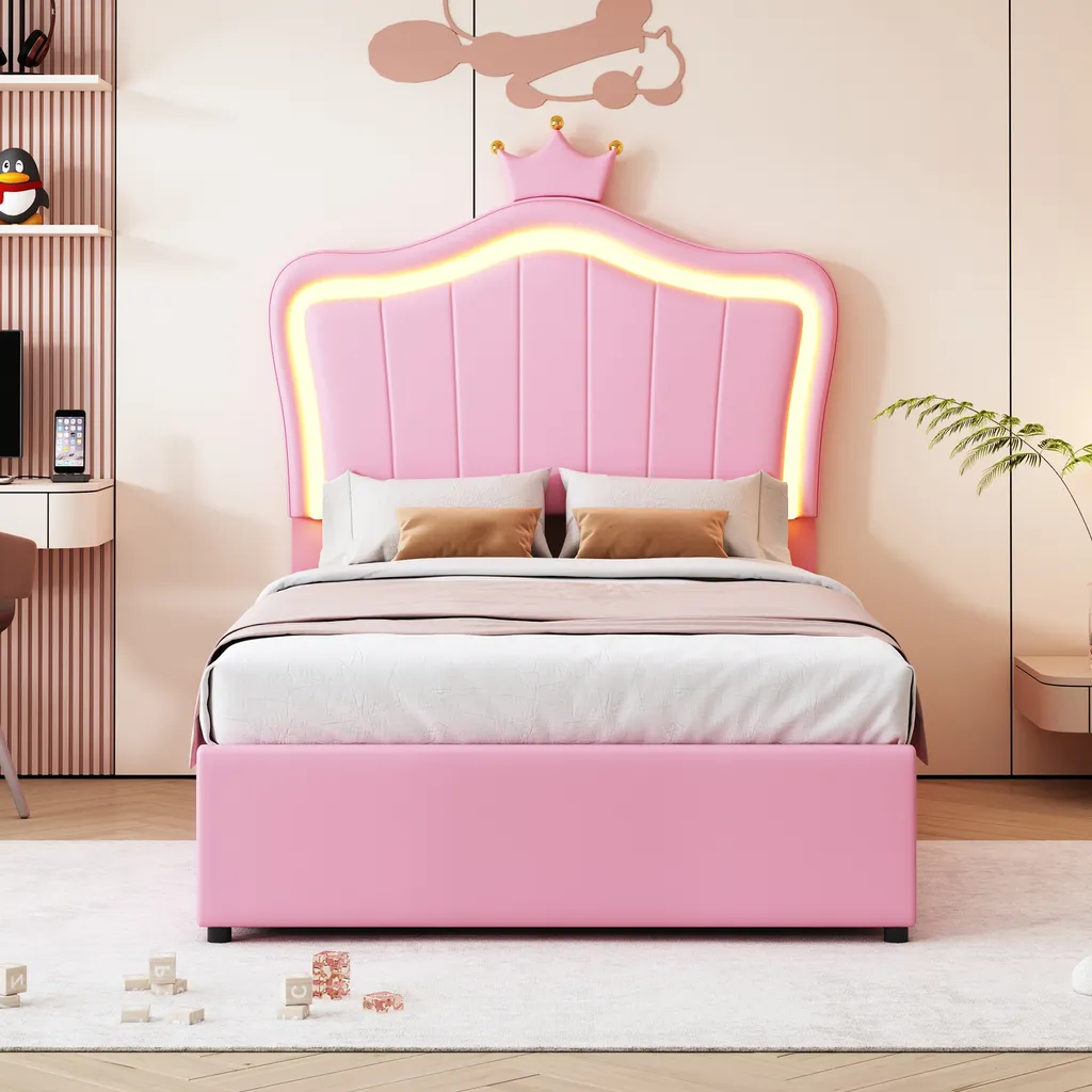 Lit enfant rose 90x200 cm : Rangement coffre hydraulique et LED okwish