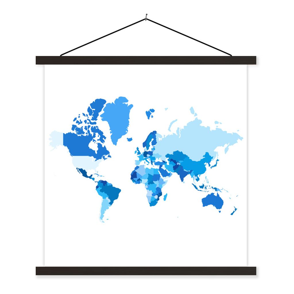 MuchoWow Textilposter Weltkarte - Blau - Weiß 60x60 cm mit schwarzem Rahmen - Posteraufhänger