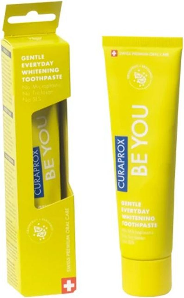 A box and a tube of Curaprox BE YOU Gentle Everyday Whitening Toothpaste.