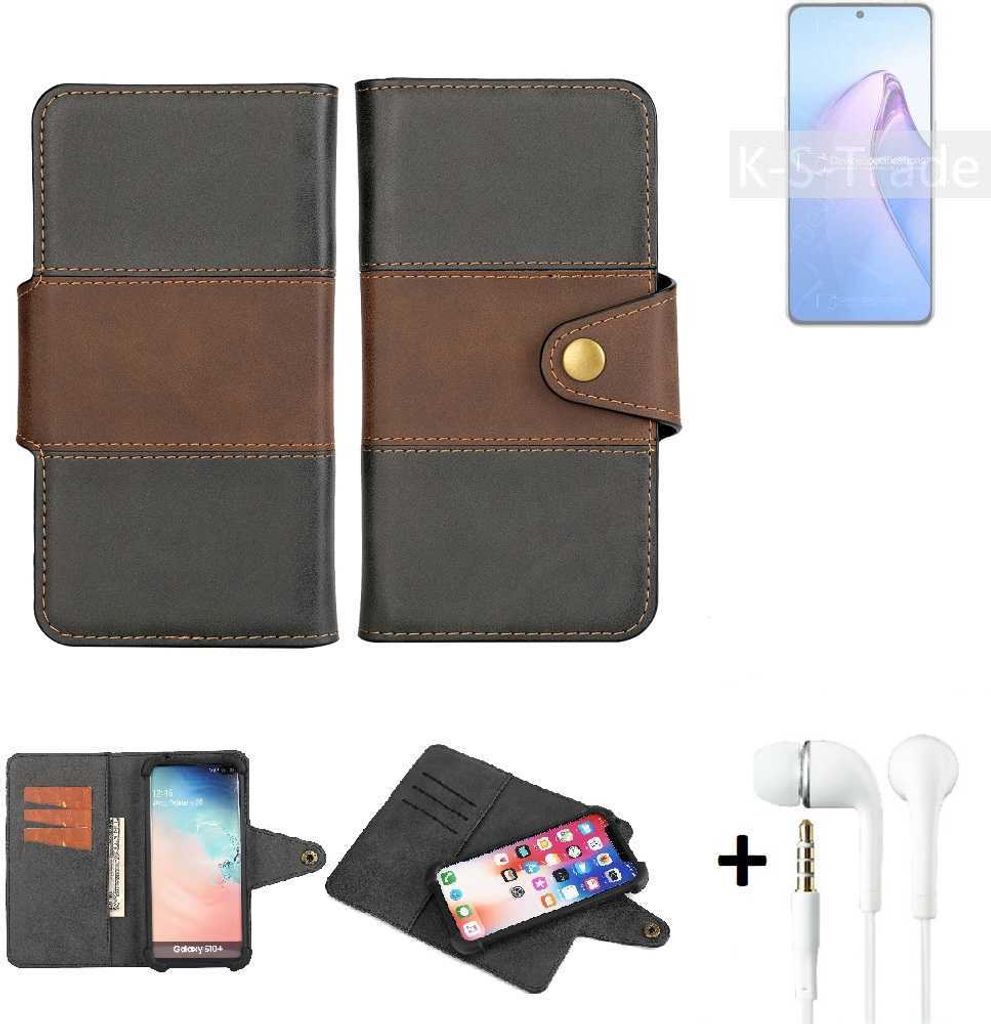 K-S-Trade Handyhülle Schutzhülle Bookstyle Wallet-Case kompatibel mit Oppo Reno8 Pro Global + earphones Bumper rundumschutz schwarz-braun 1x