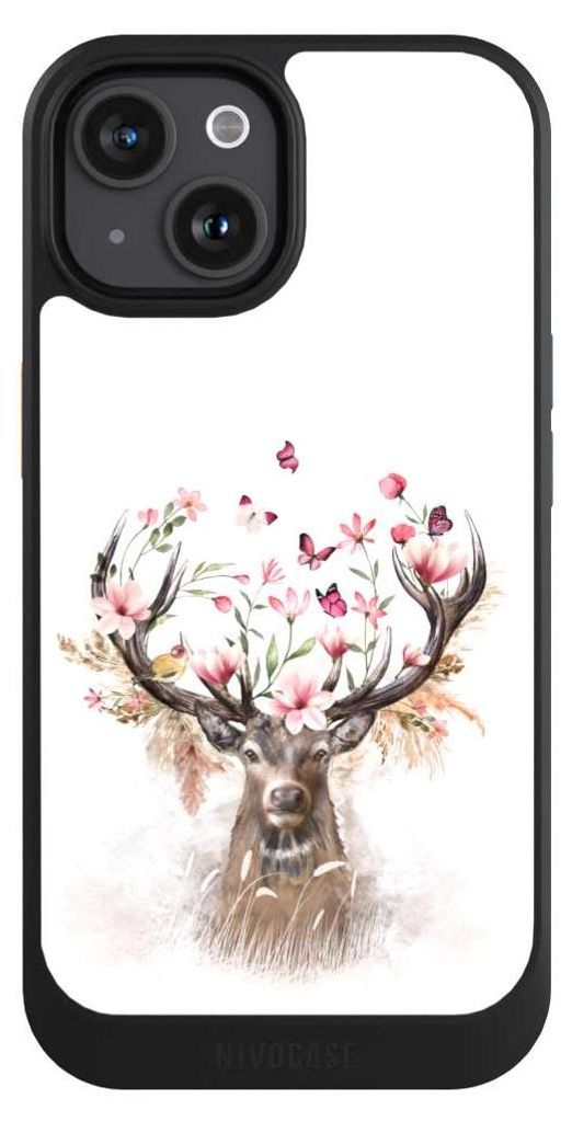 NIVOCASE Hülle für Apple iPhone 15 Handyhülle NIVOcore Case Schwarz Blumen Hirsch Tiere
