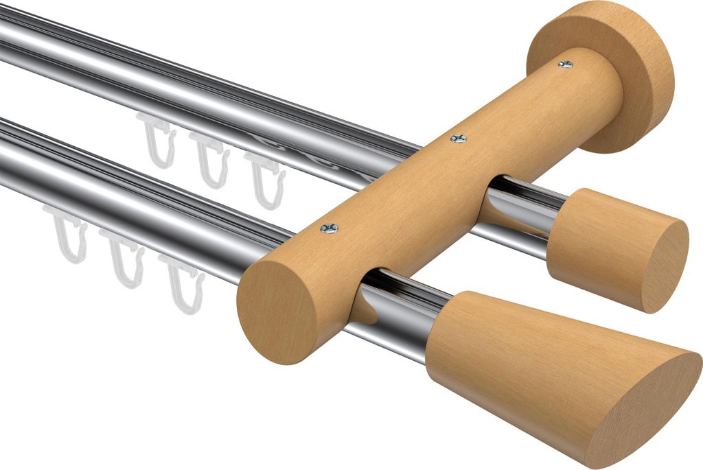 Interdeco Innenlaufstange / Gardinenstange mit Innenlauf Chrom / Buche lackiert, Typ Talent Bero (Konus Schräge), 20 mm Ø 2-läufig, 320 cm