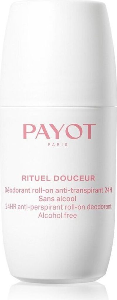 A white roll-on deodorant bottle with pink text.