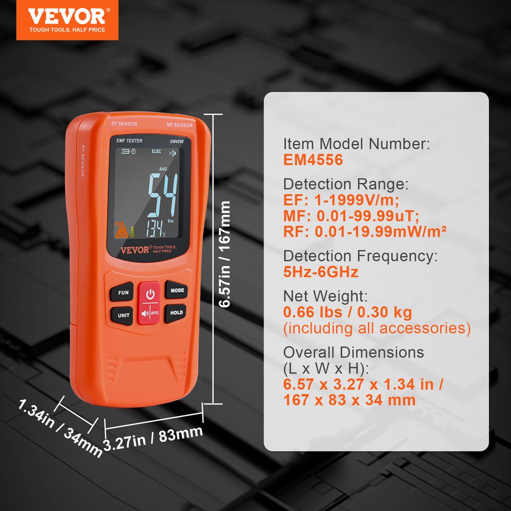 VEVOR 3-v-1 EMF meter, 5 Hz-6 GHz, prenosný dobíjateľný Obrázok produktu 7