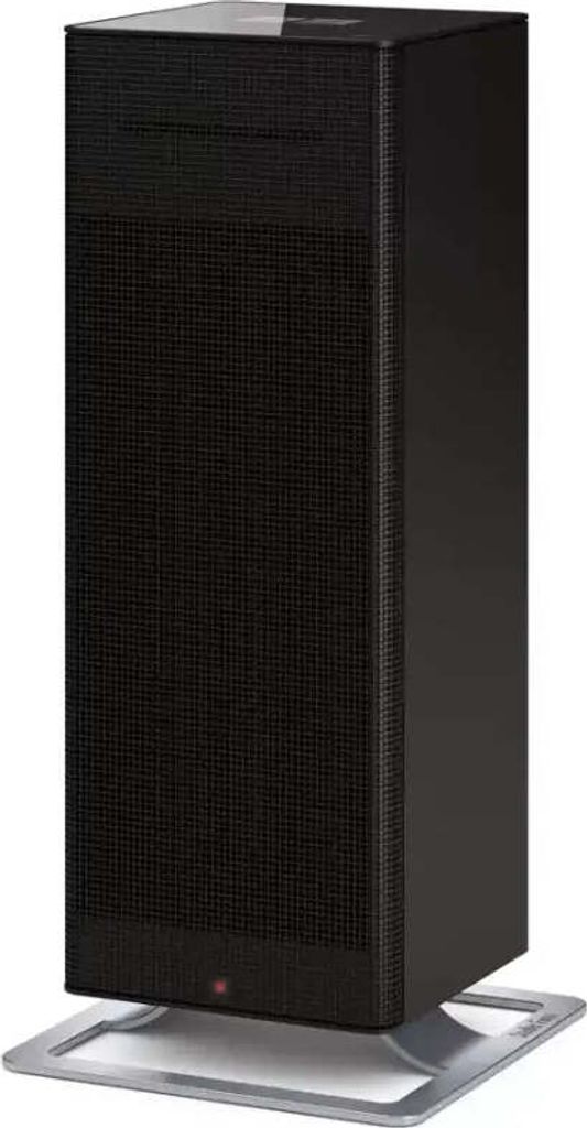 A black tower heater on a silver base.