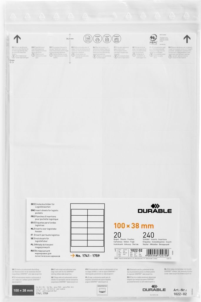 Einsteckschild für Logistiktasche 100x38mm weiß VE=10x240 Stück