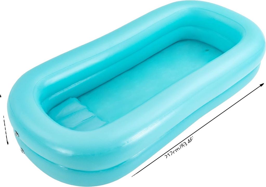 A blue inflatable bathtub is shown from a slightly elevated side angle against a white background. Dimensions are indicated by lines and text.