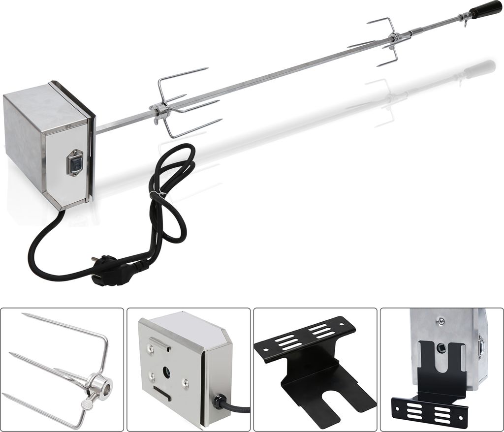 Aopunly Edelstahl Grillspieß Set 107cm BBQ Fleischklammer mit Motor inkl. 2X Fleischnadeln, Elektrischer Drehspieß, 220V - 240V, Rotisserie, Dreh...