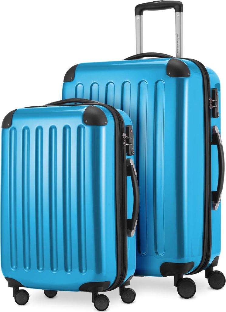 Alex - 2er Set Handgepäck + Mittelgroßer Koffer, Kofferset Resekofffer Trolleys Hartschale Polycarbonat glänzend,Cyanblau