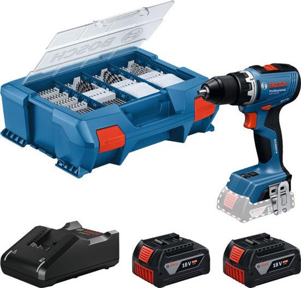 A collage of a Bosch cordless drill, a bit set case, two batteries, and a charger.