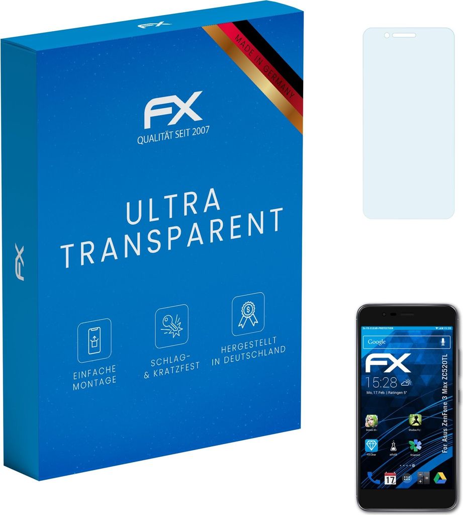 atFoliX FX-Clear 3x Schutzfolie kompatibel mit Asus ZenFone 3 Max (ZC520TL) Displayschutzfolie