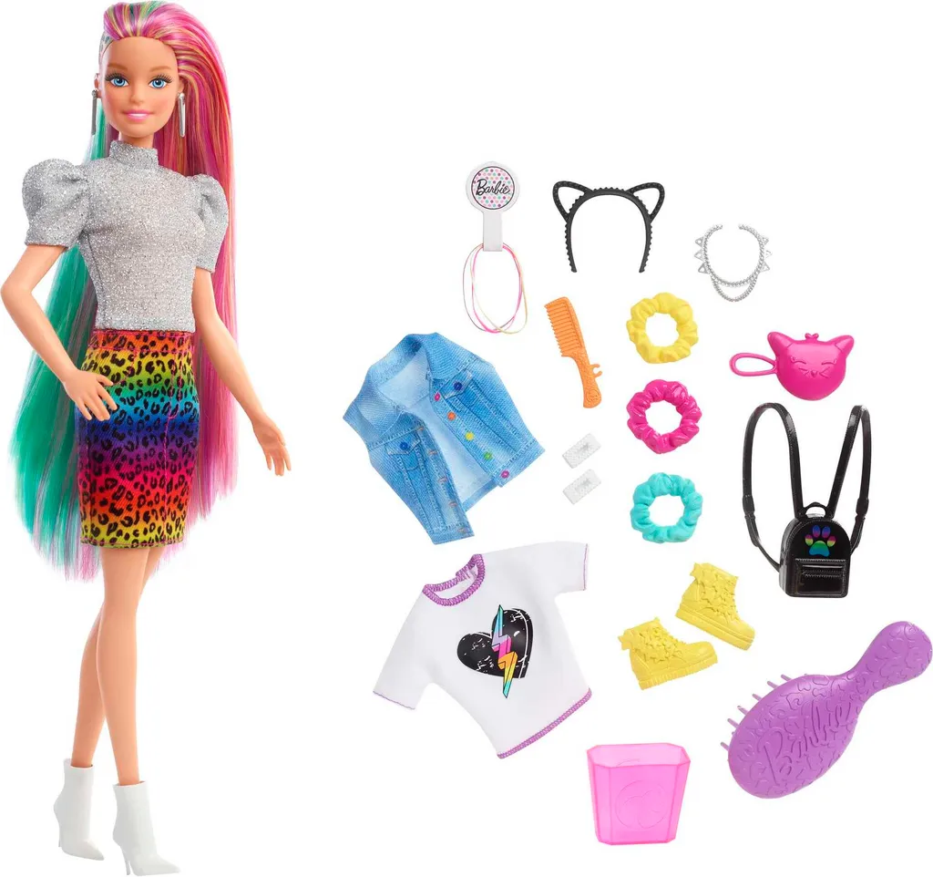 Coffret Poupée Mannequin Léopard et Coiffure Arc-En-Ciel pour Enfant