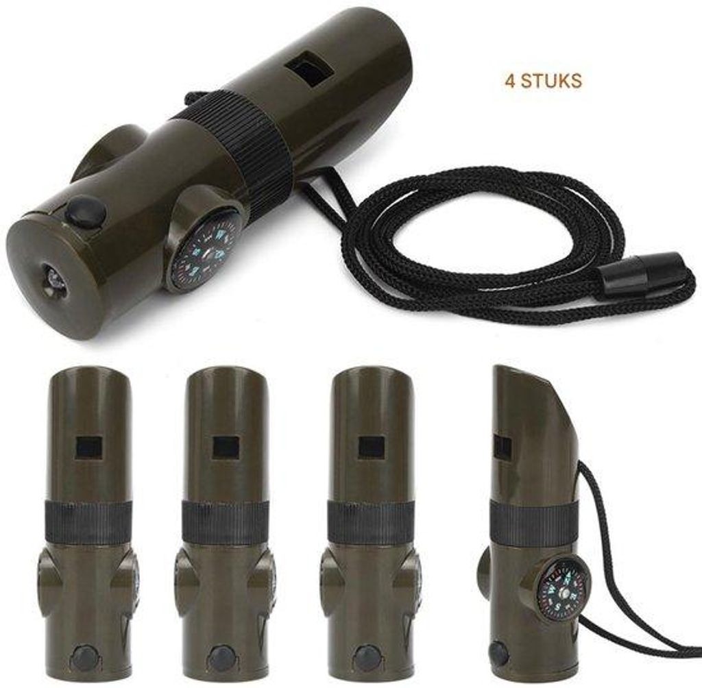 Überlebensset - 7 in 1 - mit LED-Lampe, Thermometer, Kompass - für Wandern, Camping, Bergsteigen - 4 Stück