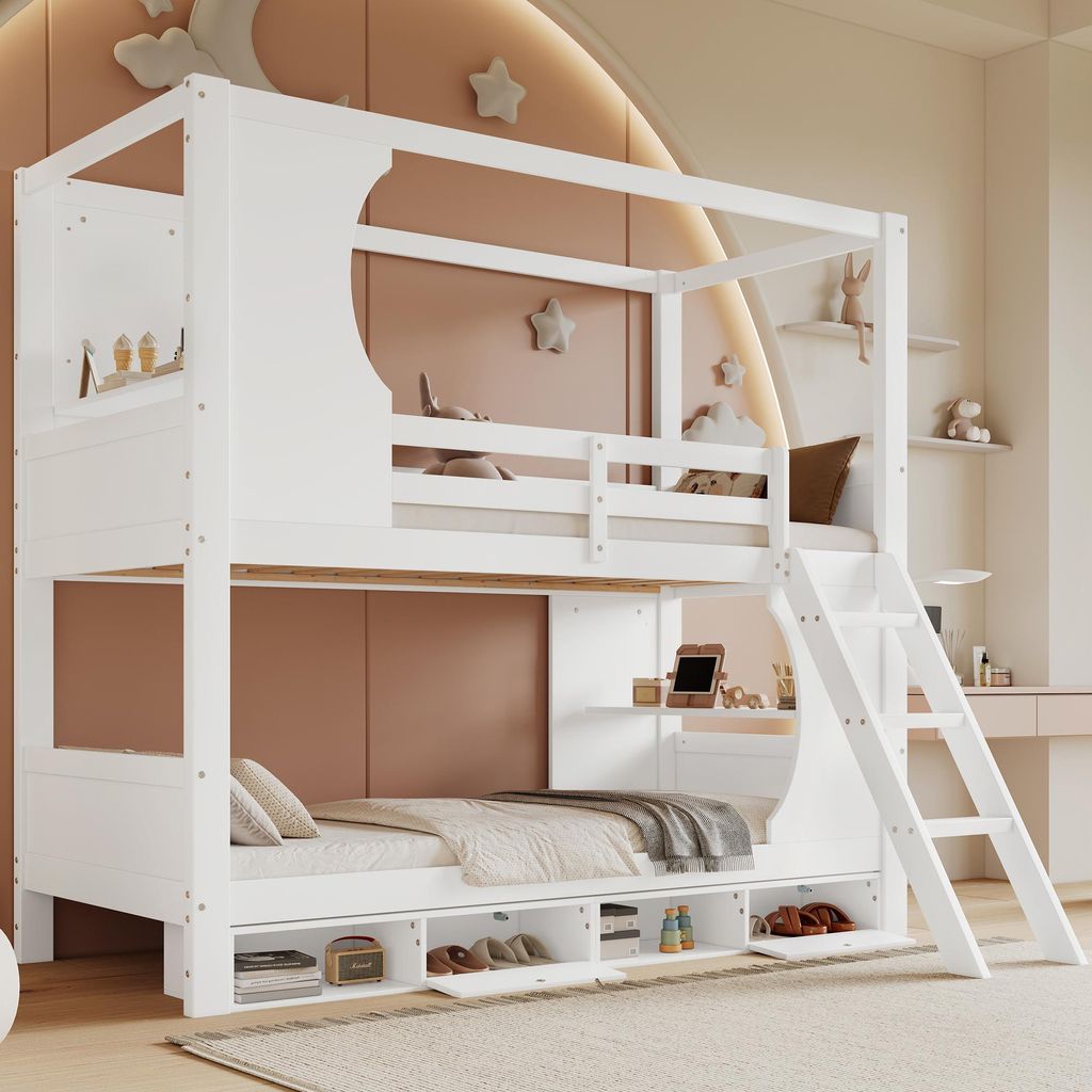 Kinderetagenbett 90×200cm (weiß): Sicherheitsgeländer, Tisch, Schuhschrank (4 Fächer), 3-stufige Leiter, Kiefernholz + MDF + Sperrholz.