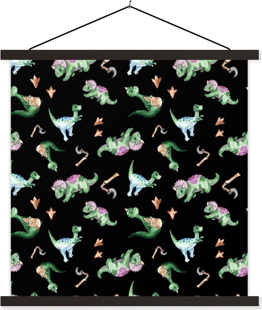 MuchoWow Textilposter Kinderzimmer - Schwarz - Dinosaurier - Jungen - Mädchen - Kinder 120x120 cm mit schwarzem Rahmen - Aufhängungsset