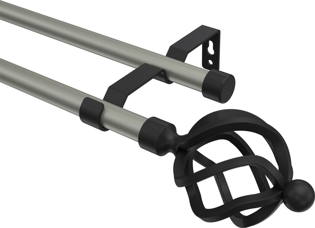 Interdeco Gardinenstange / Vorhangstange Chrom matt / Schwarz, Typ Olymp Paolo (Schmiedekugel), 16 mm Ø 2-läufig, 100 cm