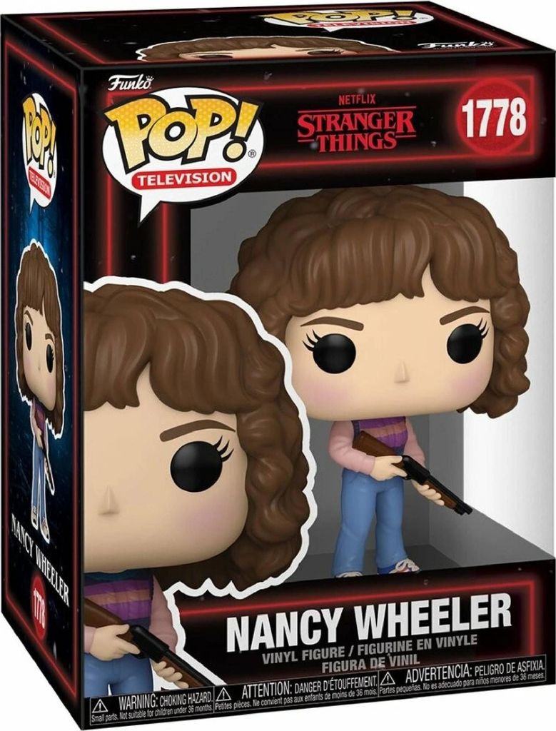 A Funko Pop! vinyl figure of Nancy Wheeler from Stranger Things, displayed in its original packaging.