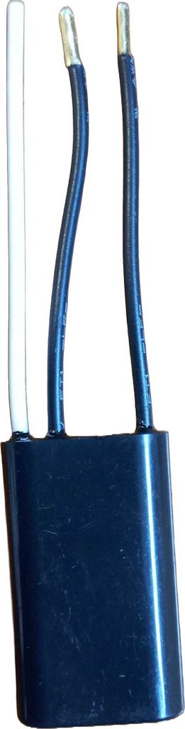 A product shot of a capacitor with three wires.