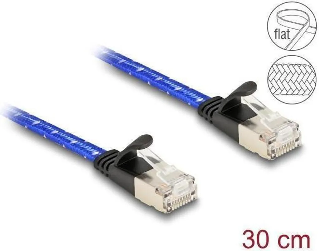 Cavo Lan Piatto Professionale Cat.6A | 0.3m Blu Intrecciato High-Speed