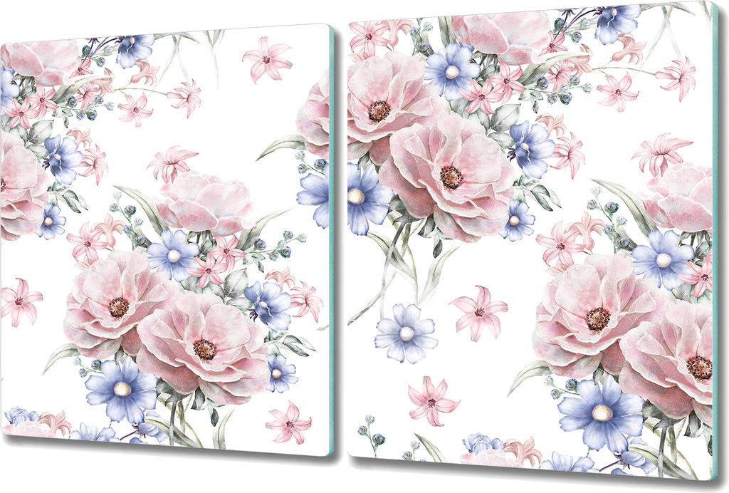 Glas-Herdabdeckplatte Glaskeramikkochfeld-Abdeckung Spritzschutz - 2x 40x52 cm - Bouquet Rosa Blumen