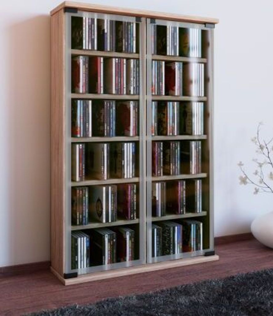 VCM CD Regal Holz | CD Schrank mit ESG-Sicherheitsglastüren für 300 CDs oder 130 DVDs 72-Videos | Maße: H. 92 x B. 60 x T. 18 cm | Elegantes DVD...