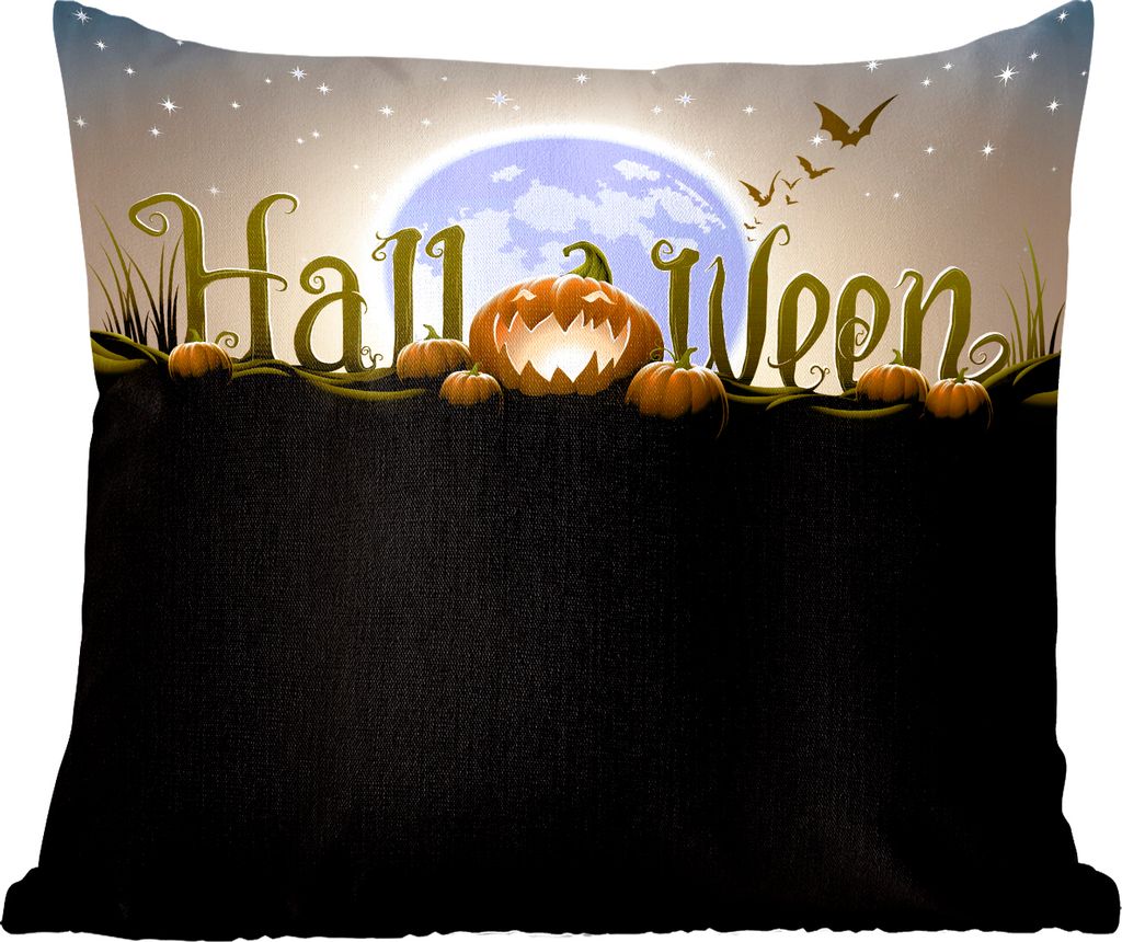 MuchoWow Zierkissen Sofakissen Wohnzimmer Dekokissen 50x50 cm Die Buchstaben von Halloween beleuchtet durch den Vollmond in einer Illustration - ...