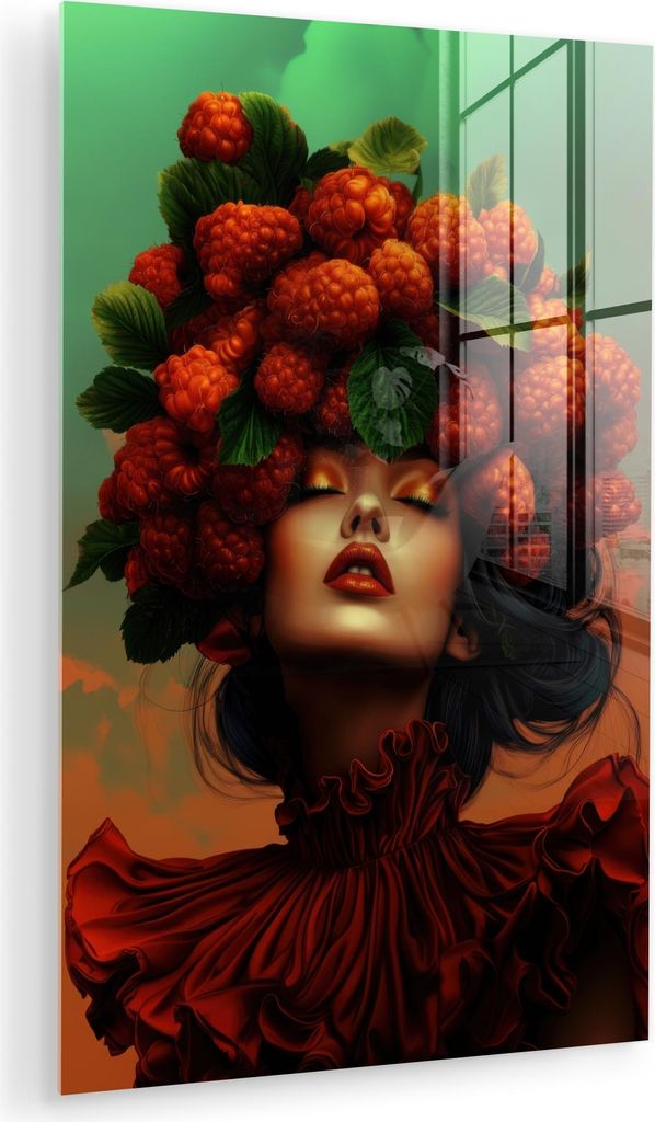 MuchoWow Glasbilder - Bilder auf Wandbild - Foto auf Glas Frau - Himbeeren - Blätter 40x60 cm Wanddekoration aus Glas - Acrylglasbild - Acrylbilde...