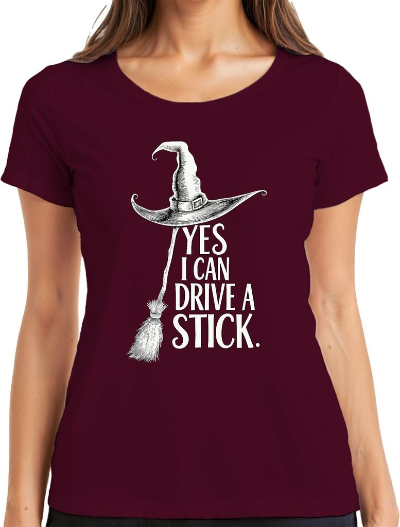 Yes I can drive a stick Hexe Besen Hexenhut lustig Halloween Damen T-Shirt, Burgundy, L