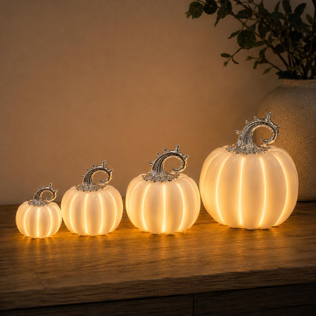 Eleganter LED Porzellan Kürbis Mini Weiß Silber – Stilvolle Produktbild 