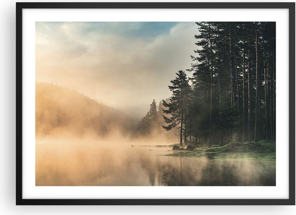 Gerahmtes Poster - Schwarzer Rahmen - Nebel See Wald - 70x50 cm - Wand Bild - Wanddeko - Wandbilder - Kunstposter - Wandposter - Bilderrahmen - Bil...